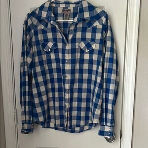 VintageWrangler Blue & White Checked Western Shirt w/ Pearlescent Buttons Size L